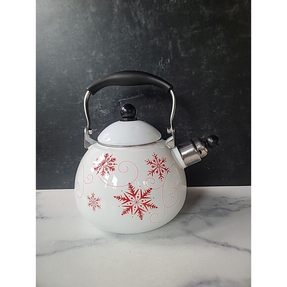 Red Snowflake White Tea Kettle - Picture 1 of 10